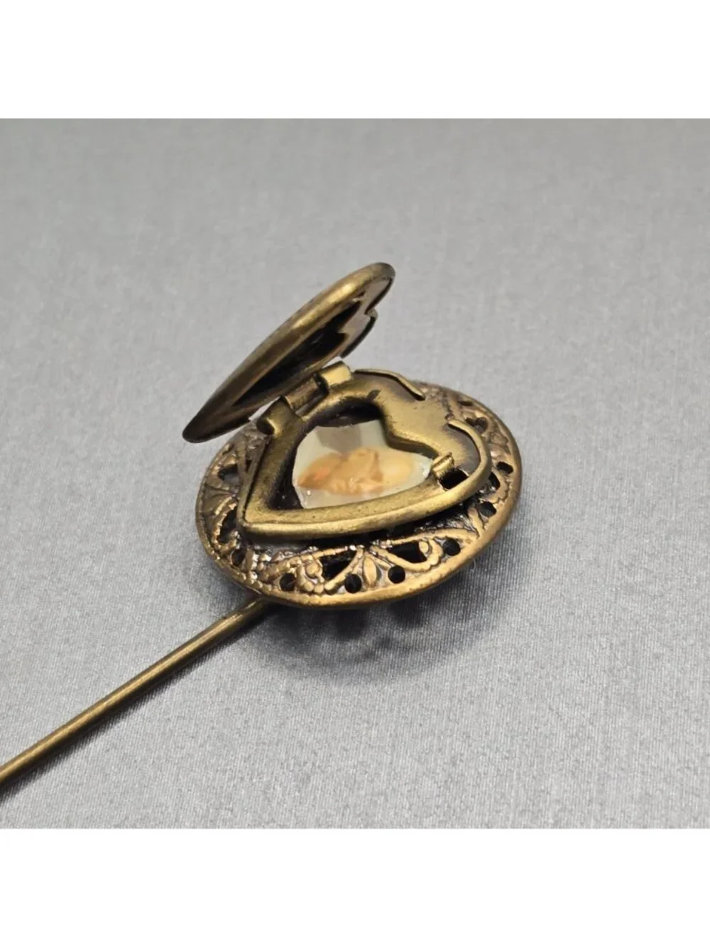 Vintage Victorian Revival Brass Heart Locket Stick Pin Enamel Floral Statement - Picture 5 of 12